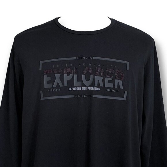 Renaur Mens Black Long Sleeve Explorer Tee Sz 2XL Textured Ribber Graphic Tshirt - Picture 3 of 7